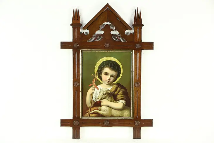 Victorian 1870's Print of Jesus Ecce Agnus Dei, Carved Walnut Frame