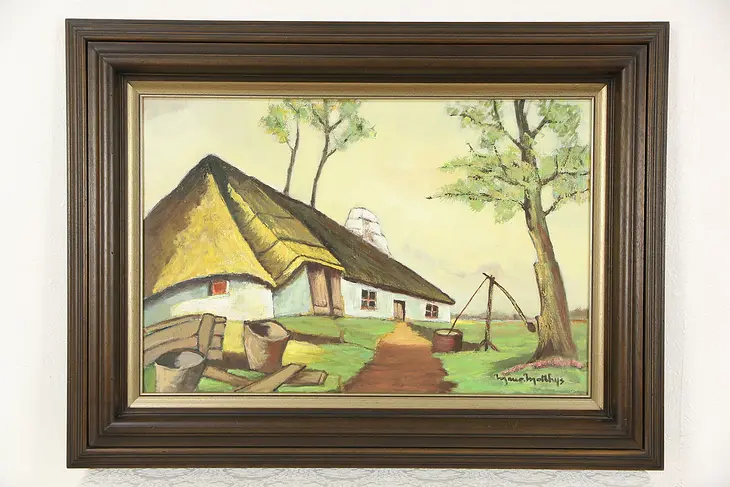 Farmhouse in Denmark, Original Oil Painting, 1950's Vintage, Signed Molthys