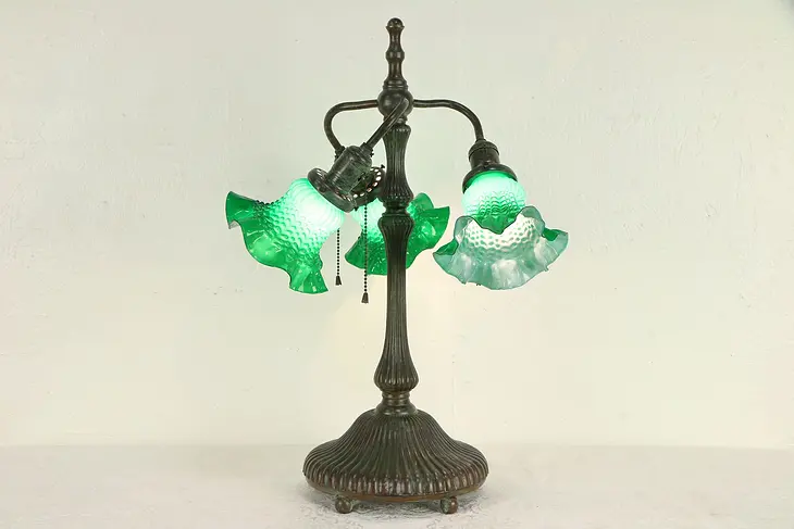 Bronze Vintage Tiffany Design Lamp, 3 Green Glass Shades #30047