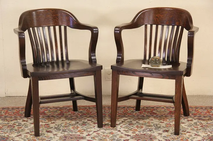 Pair of Antique 1910 Oak Banker,Office or Desk Chairs (C)