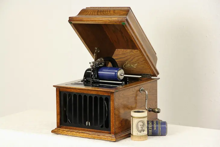Edison Antique Oak 1910 Era Cylinder Phonograph, Wind Up Record Player