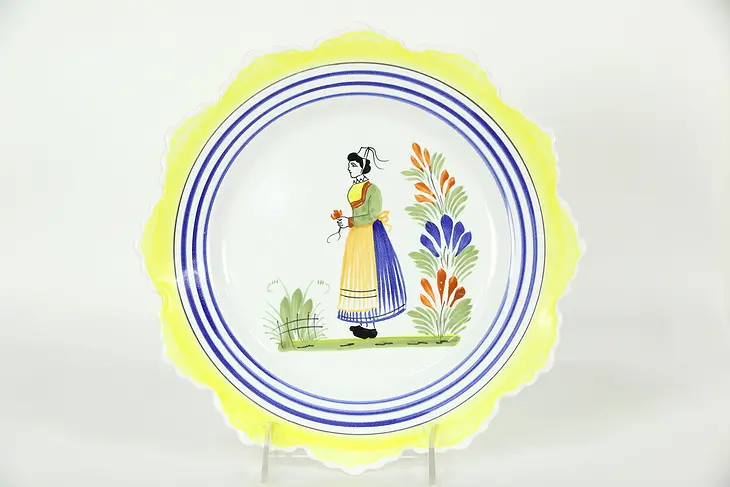 Quimper 10" Round Plate, Hand Painted Woman in Brittany Costume