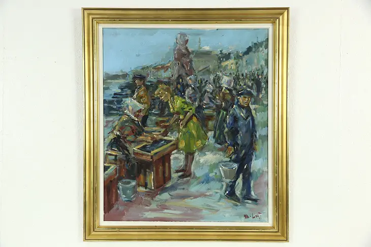 Fish Market at Copenhagen Denmark Harbor Vintage Original Oil Painting, Signed
