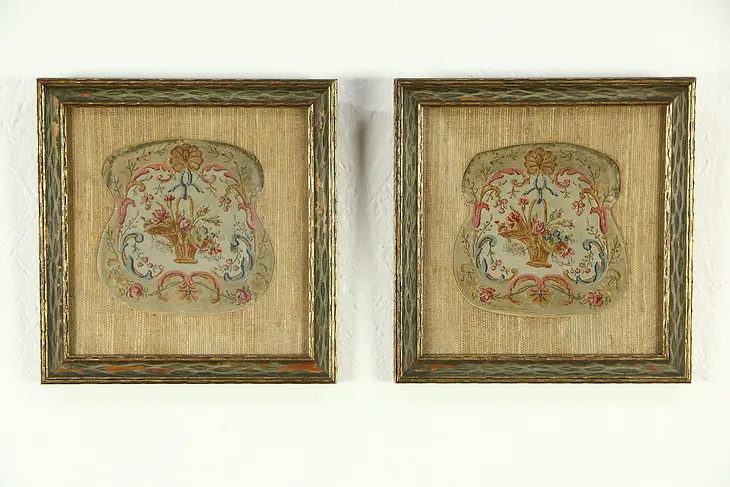 Framed Pair of Antique Hand Stitched Petit Point Silk Purse Panels