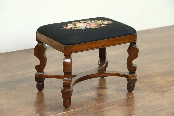 Victorian Antique Carved Walnut Footstool, Old Hand Stitched Needlepoint