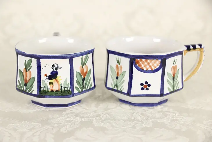 Quimper Set of 2 Coffee Cups, Hand Painted & Signed, Brittany, France