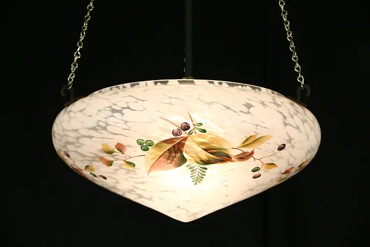 Ceiling Light Fixture, 1920's Antique Hand Painted Opal Satin Glass Shade