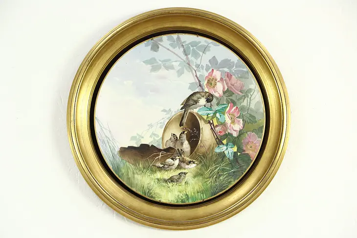 Hand Painted Antique Victorian Bird Plaque or Plate, Gold Leaf Frame