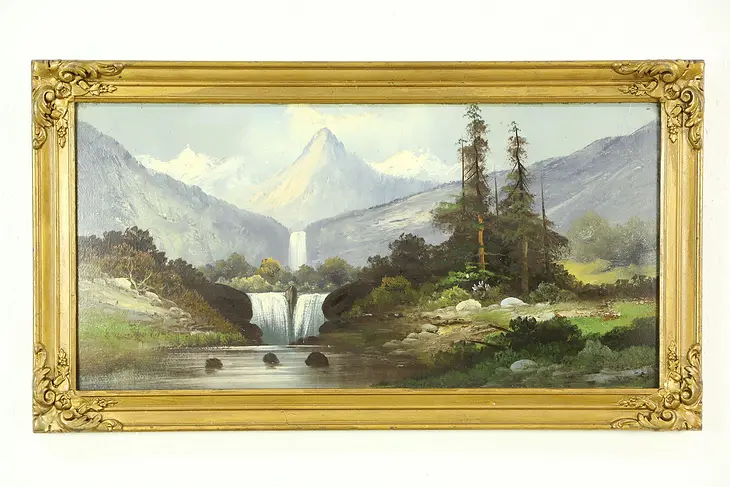 Victorian Antique Waterfall & Mountain Scene Original 1900 Oil Painting