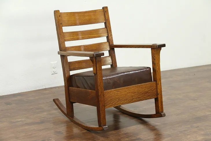 Arts & Crafts Mission Oak Antique Rocker Craftsman Rocking Chair, Limbert #28671