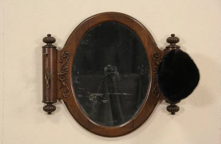 Oak 1900 Antique Beveled Wall Mirror, Hat Hooks