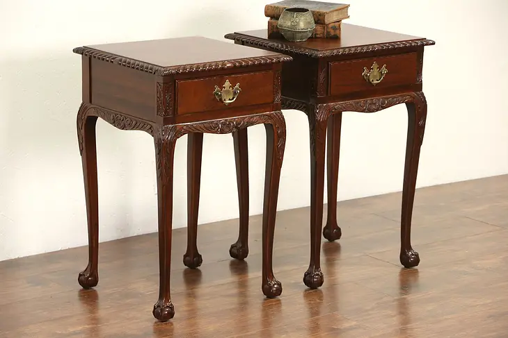 Pair 1960's Vintage Carved Mahogany Traditional End Tables or Nightstands