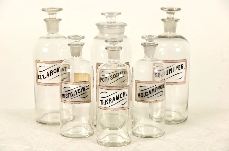 Set of 6 Antique 1880's Apothecary Medical Drug Store Jars, Pink Labels