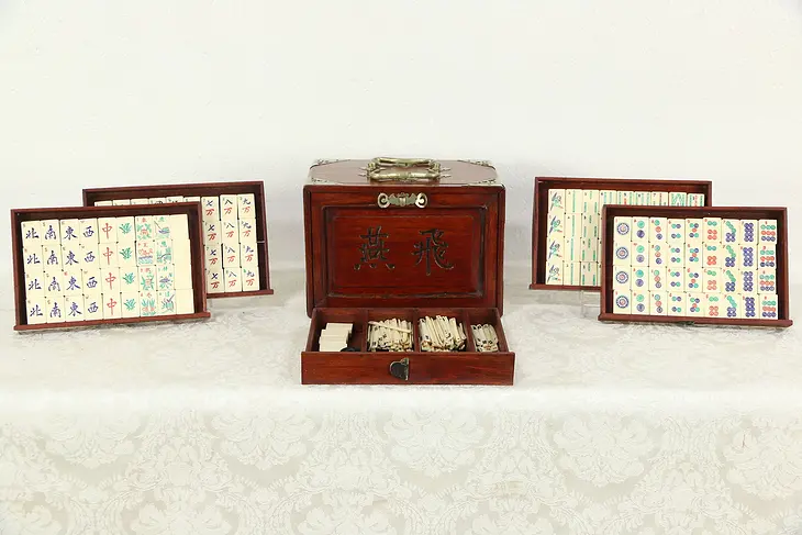 Mah Jong Antique 1920's Set, Rosewood Case, Bone & Bamboo Majong Pieces