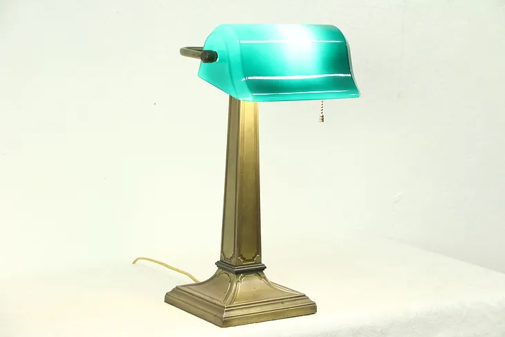 Greenalite Green Shade Antique Brass Banker Desk Lamp, Signed Robert, NY