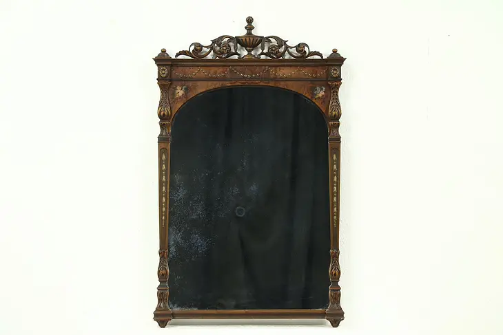 Carved Antique Wall Mirror, Walnut & Hand Painting, signed Berkey & Gay #28577