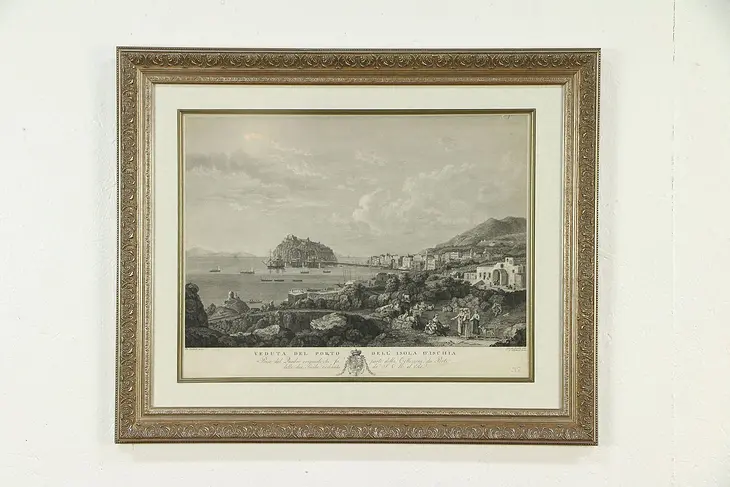 Port of Ischia, Italy Antique 1820 Engraving, New Custom Frame #30085