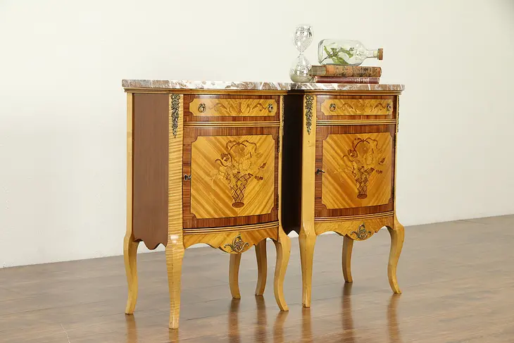 Pair of Rosewood Marquetry Nightstands or Lamp Tables, Marble Tops #31569