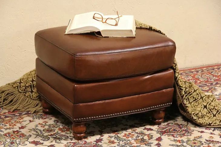 Chestnut Leather Ottoman or Footstool, Secret Stash Pocket