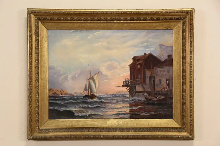 Scandinavian Village Harbor & Fishing Boat, 1880 Original Oil Painting, 50" Wide