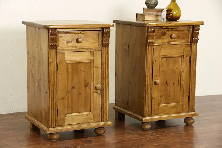Country Pine Vintage Nightstands or End Tables, Handcarved in Europe