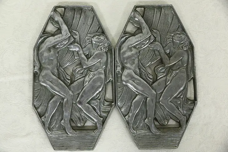 French Art Deco 1925 Pair Nickel Bronze Nude Dancers Sculpture Plaques