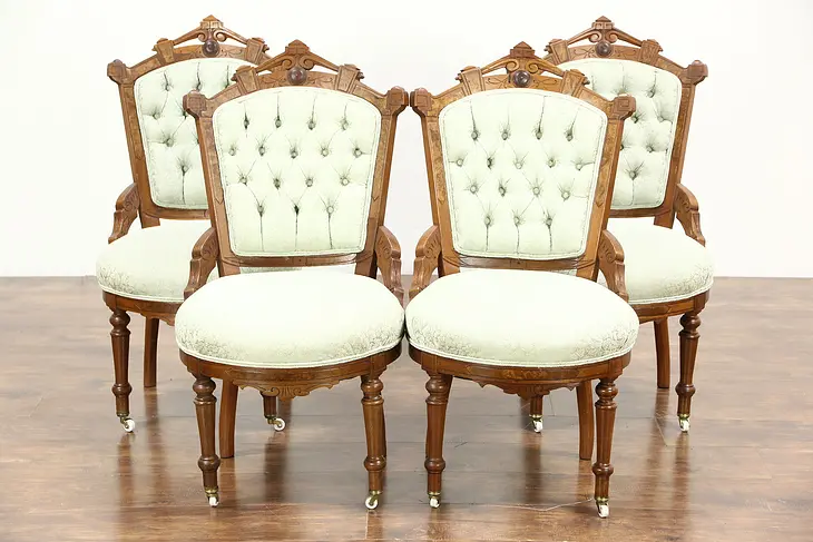 Victorian Eastlake Antique Set of 4 Walnut Game, Breakfast or Parlor Chairs
