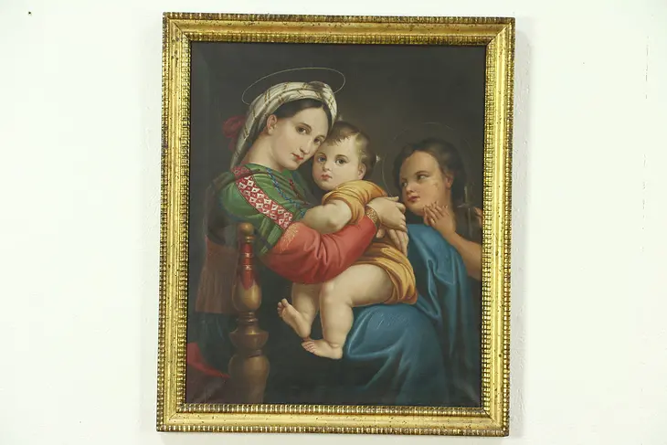 Madonna della Seggiola after Raphael, Antique 1890 Oil Painting
