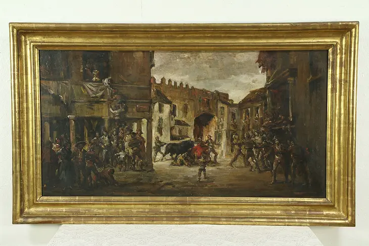 Bull Fight Original Antique Oil Painting on Canvas, Eugenio Velasquez