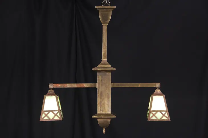 Arts & Crafts Mission Double Pendant Light Island Fixture, Brass & Stained Glass