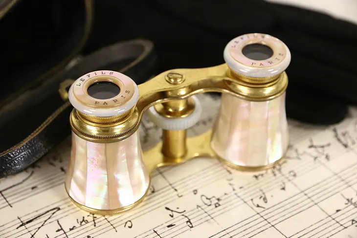 Opera Glasses, French 1900 Antique Pearl, Signed Le Fils, Paris, Leather Case
