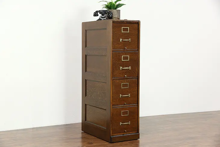 Oak 1910 Library or Office 4 Drawer File Cabinet, Signed Macy