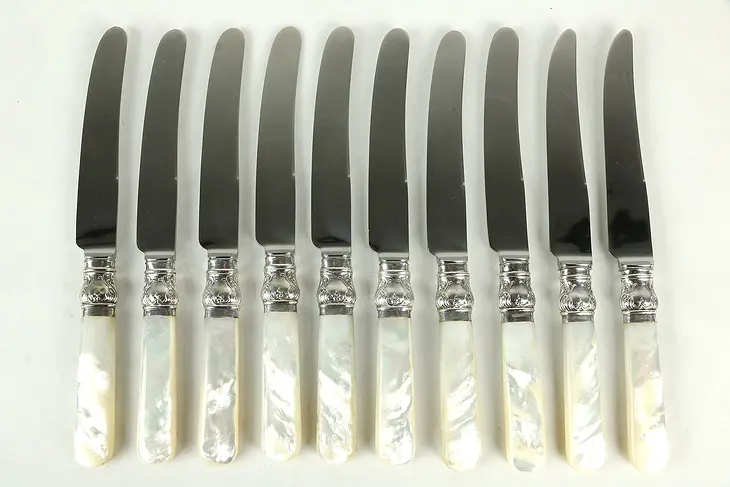 Set of 10 English Sheffield Signed Dinner Knives, Mother of Pearl Handles