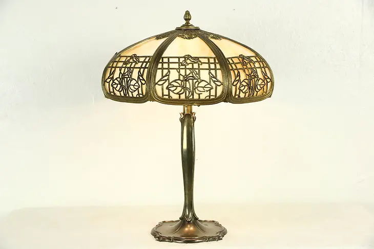 Stained Glass Octagonal Panel Lamp, 1915 Antique Filigree Shade