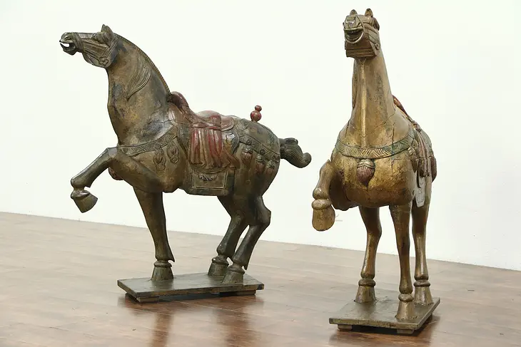 Pair Tang Dynasty Style Chinese Vintage Horse Sculptures, Hand Carved & Painted