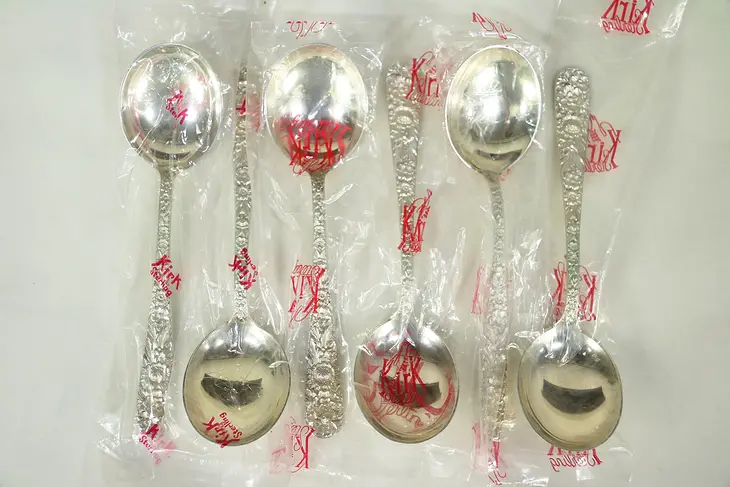 Repousse Kirk Stieff Sterling Silver Set 6 Cream Soup Spoons, New in Bag  #29054