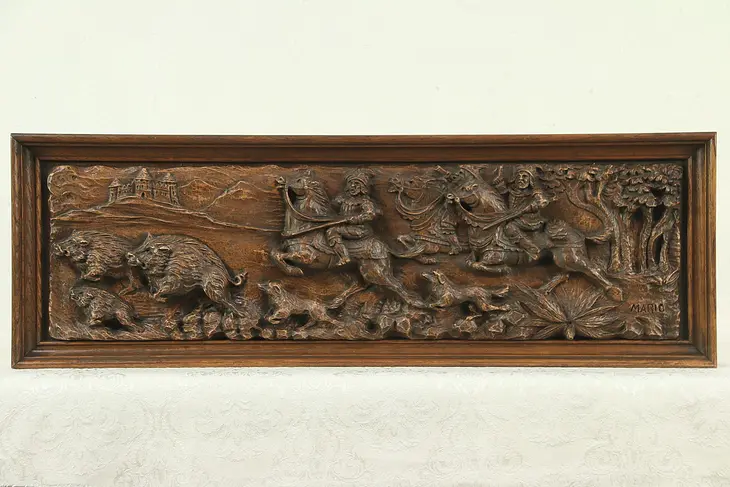 Architectural Salvage Carved Panel, Hunting Scene, Italy, Signed Mario #29109