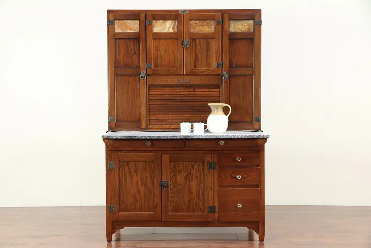 Oak Antique Hoosier Pantry Cupboard, Stained Glass, Roll Top, Sellers IN #29461