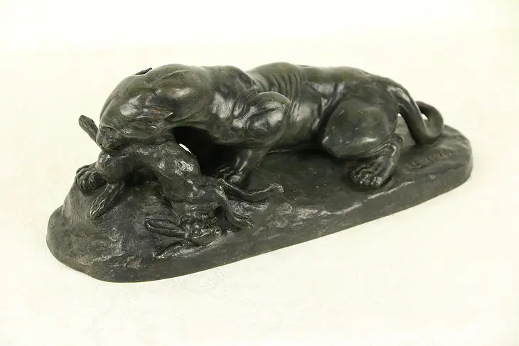 Bronze Vintage Sculpture of a Mountain Lion & Rabbit, Signed A. L. Barye #29741