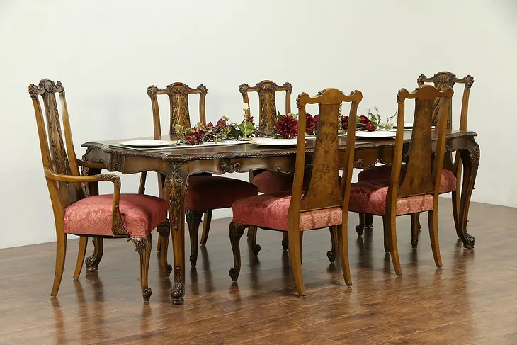 Romweber Louis XV de Gaulle Vintage Dining Set, Table, 2 Leaves, 6 Chairs #30180