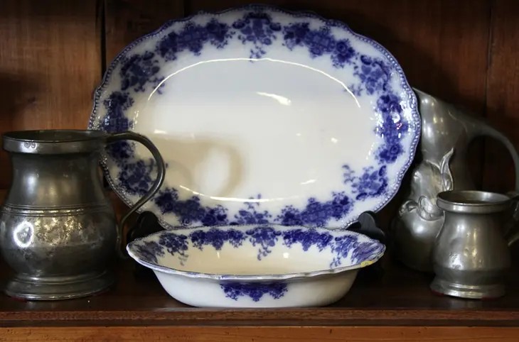 Victorian Flow Blue Grindley Platter and Oval Bowl