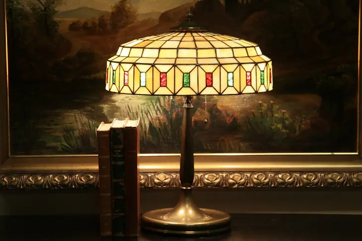 Brass Antique 1915 Lamp, Stained Leaded Glass Shade