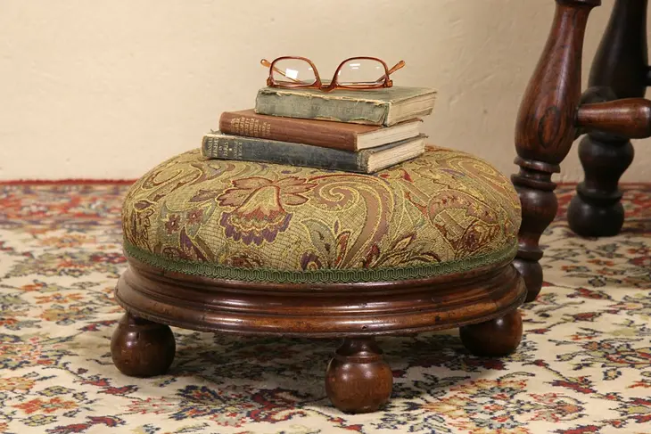 Victorian Round 1860's Antique Footstool, Newly Upholstered