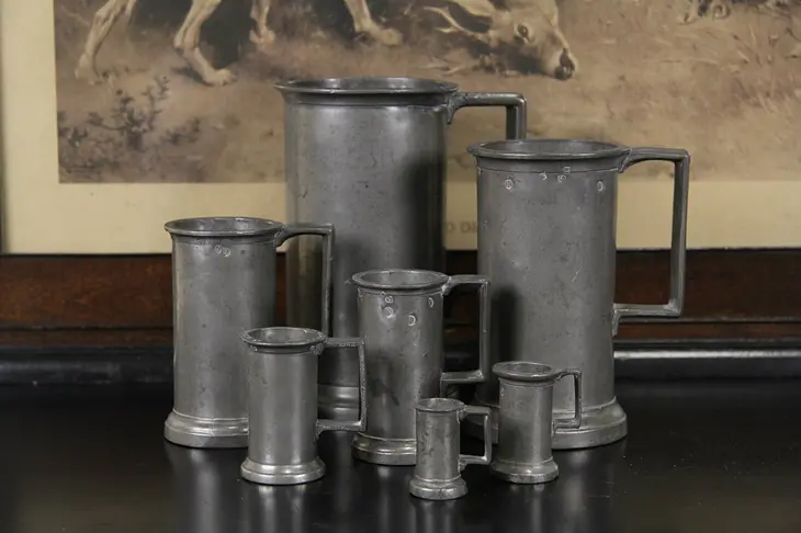 Pewter Set of 7 Antique 1850's Signed French Measure Mugs
