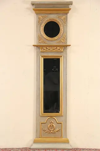 Gold & SIlver Painted Column Beveled Mirror, Signed Bassett