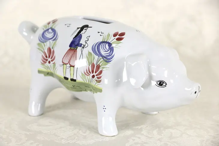 Piggy Bank, Hand Painted, Quimper Signed Brittany, France