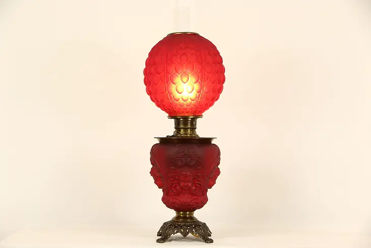Satin Ruby Glass with Cherubs Antique Victorian 1890's Oil Lamp, Electrified