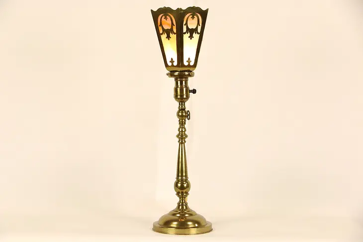 Brass Adjustable 1910 Antique Desk or Table Lamp, Stained Glass Shade