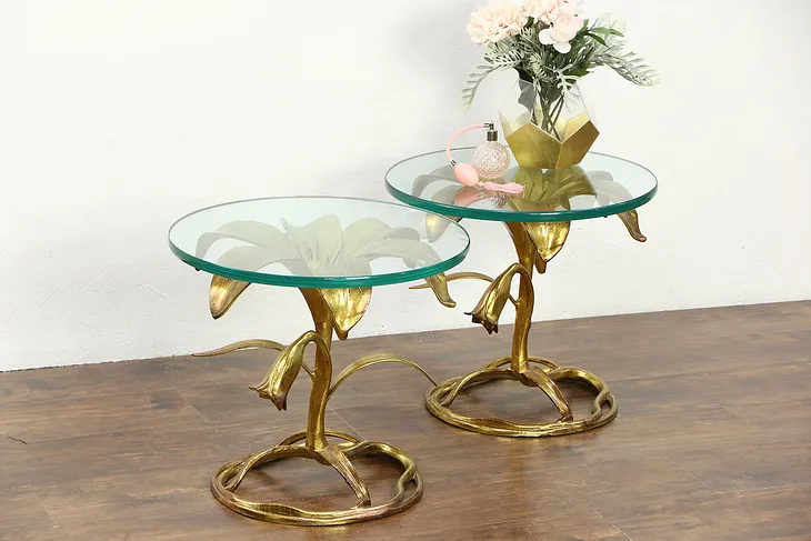 Arthur Court Lilly Table Pair, Gilded Hollywood Regency 1960 Vintage, Glass Tops
