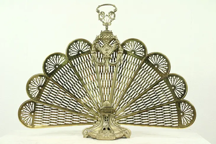 Peacock Fan Brass Vintage Folding Fireplace Screen